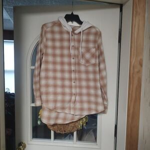 New Time And Tru Beige Plaid Relaxed Fit Drop Shoulder Hooded Flannel Women's M